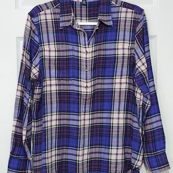 Chaps Ralph Lauren Women's Long Sleeve Flannel Top ~ Purple, Blue and White ~ PL - Picture 2 of 5